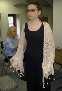 Leann modelling her shawl